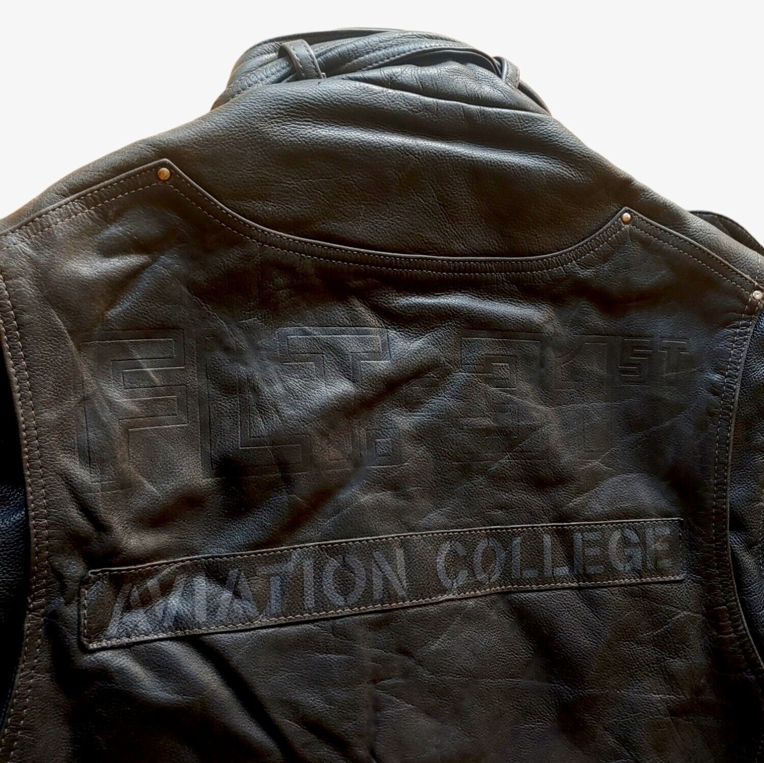 Vintage Aviation College FLT-31st Leather Pilot Jacket Back Logo - Casspios Dream
