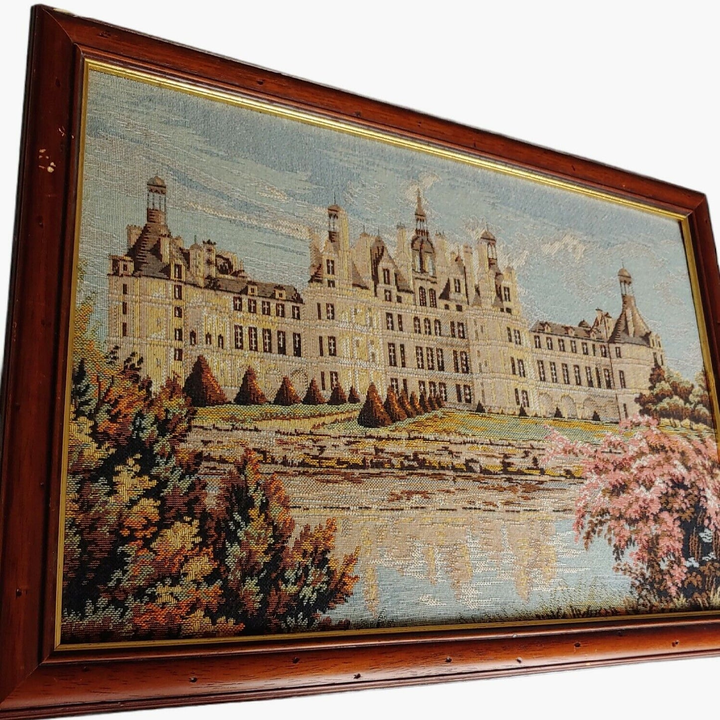 Vintage 80s Framed English Country House Cross Stitch Tapestry Side - Casspios Dream