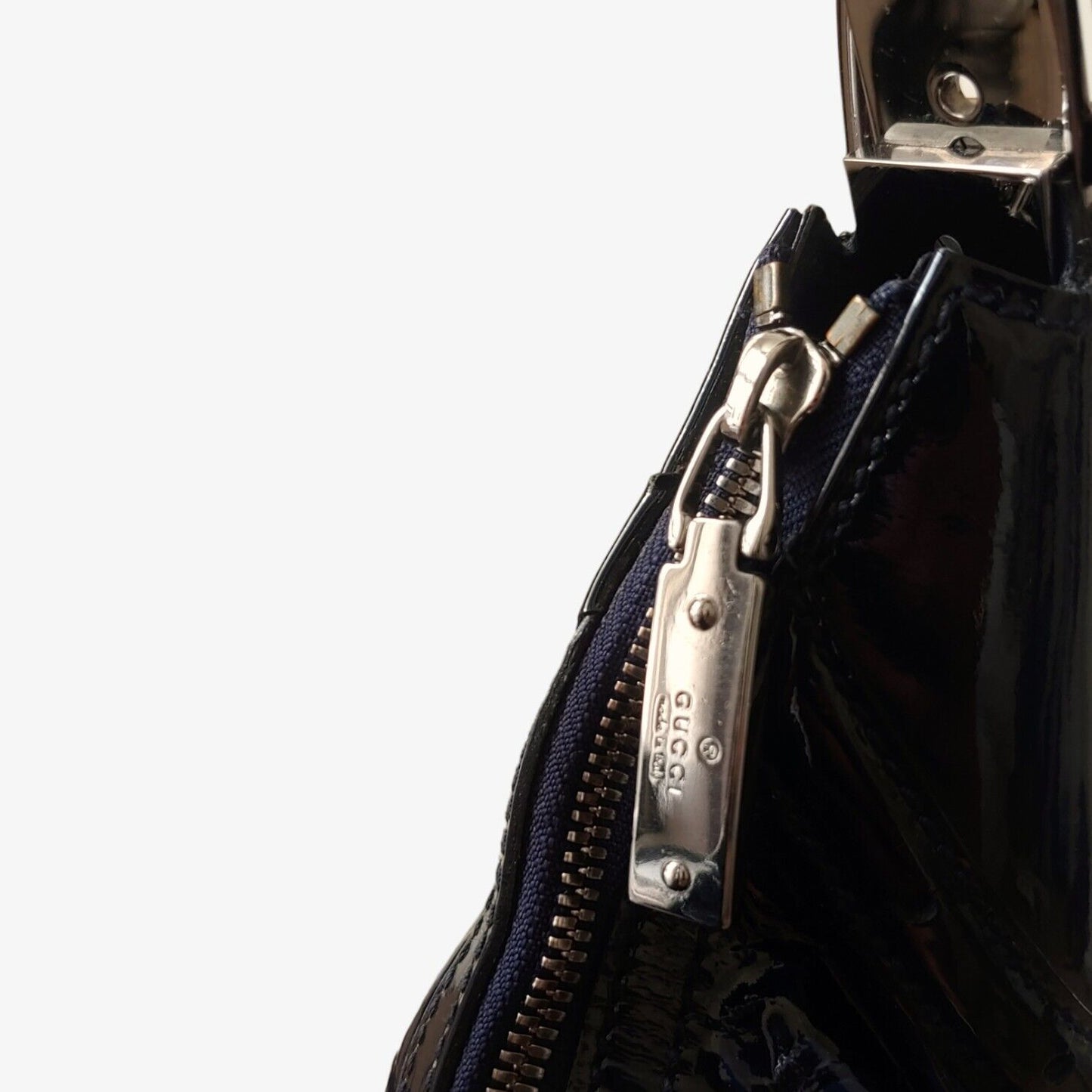 Vintage Gucci Horsebite Embossed Navy Blue Calfskin Leather Handbag 145764002058 Zip - Casspios Dream