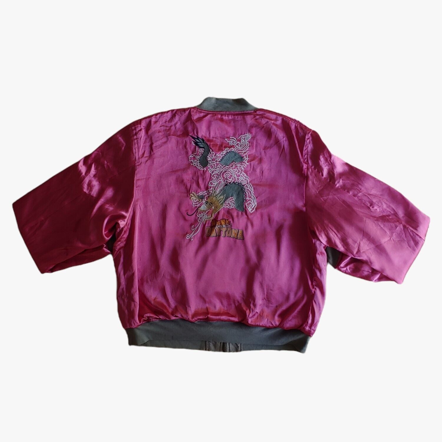 Vintage Japan Sukajan Souvenir Embroidered Dragon Pink Reversible Army Satin Tour Bomber Jacket - Casspios Dream