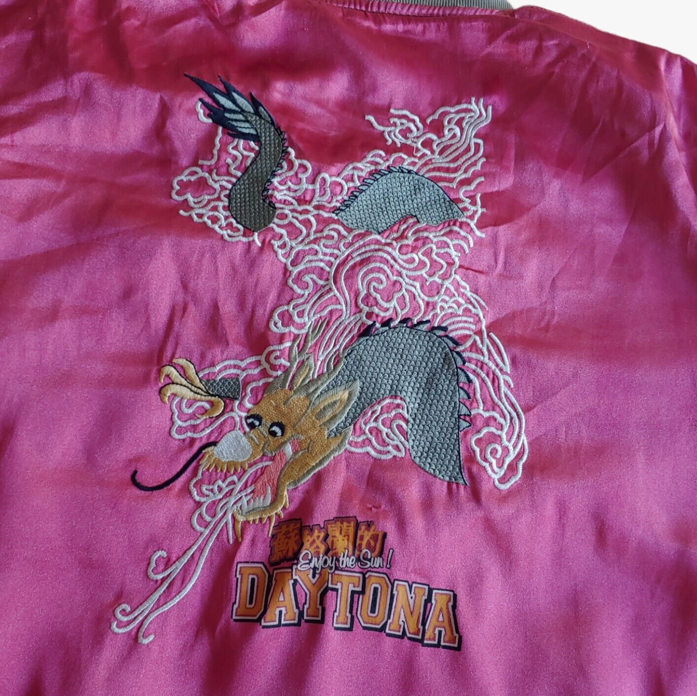 Vintage Japan Sukajan Souvenir Embroidered Dragon Pink Reversible Army Satin Tour Bomber Jacket Crest - Casspios Dream