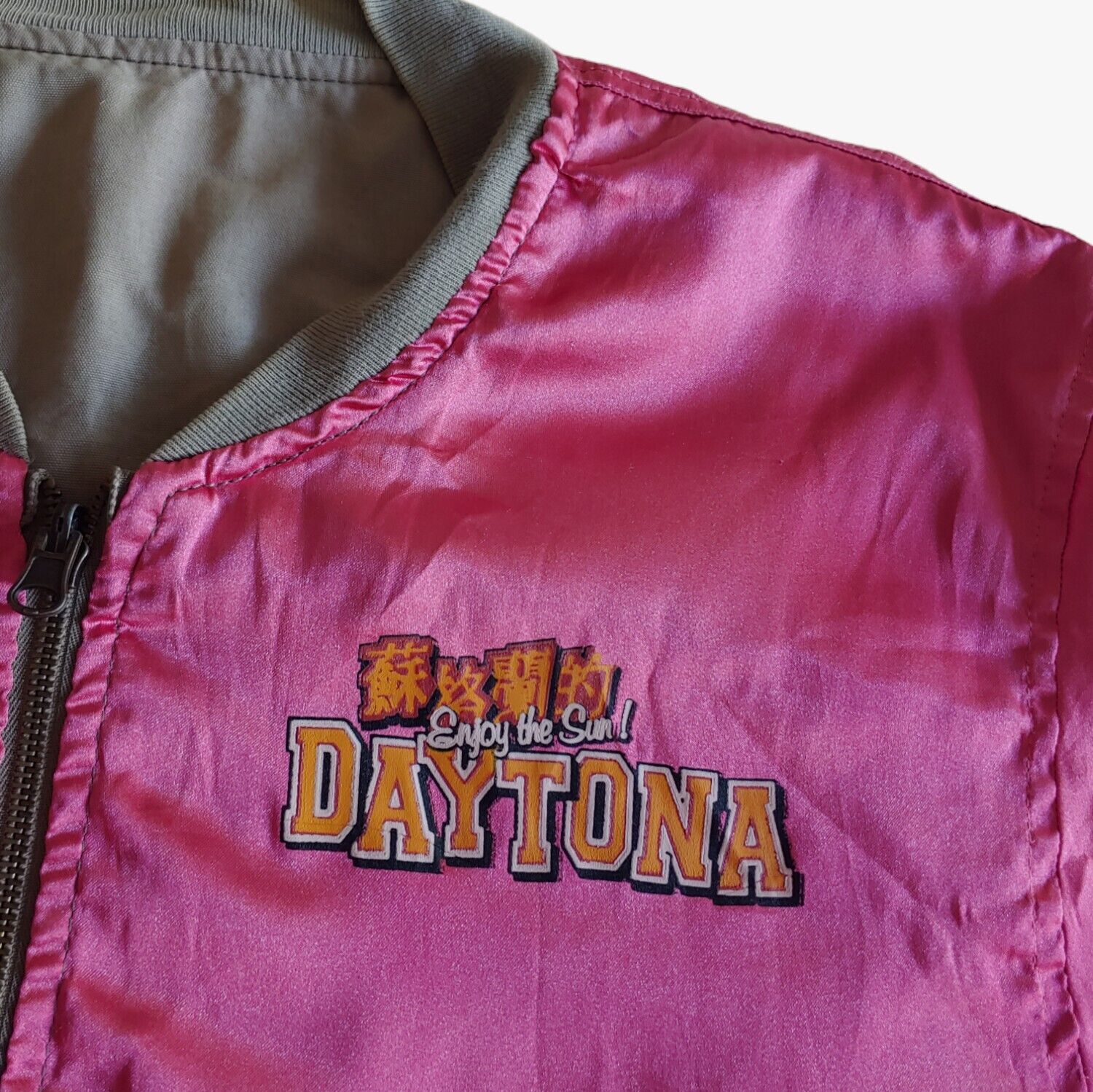 Vintage Japan Sukajan Souvenir Embroidered Dragon Pink Reversible Army Satin Tour Bomber Jacket Logo - Casspios Dream