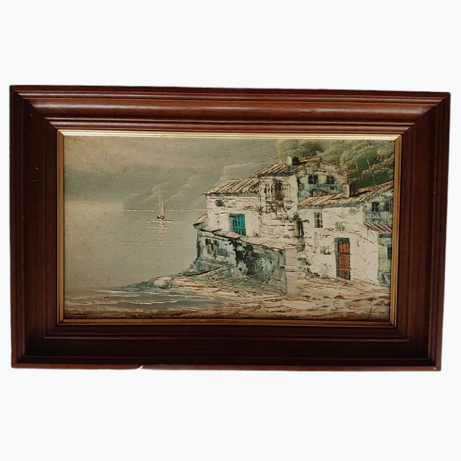Vintage 80s Wooden Framed Village Lakeside Oil Painting - Casspios Dream