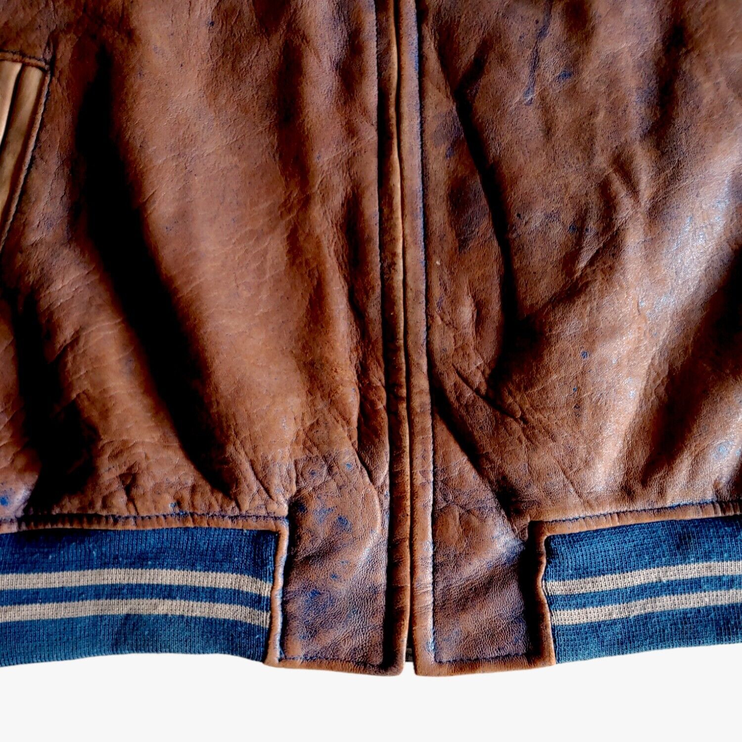 Vintage Wilsons M Julian Brown Blue Leather Varsity Letterman Baseball Jacket Bottom - Casspios Dream