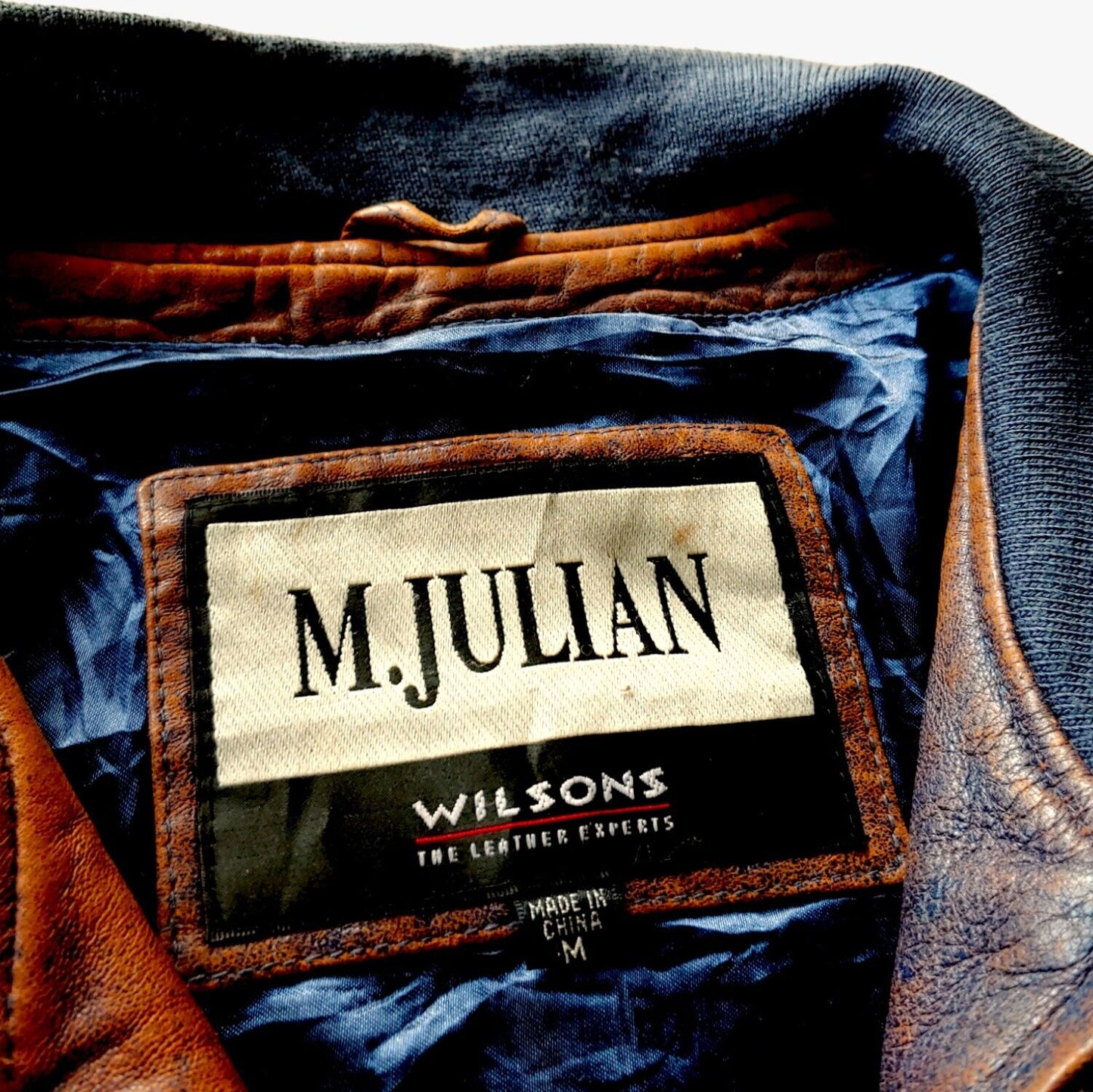 Vintage Wilsons M Julian Brown Blue Leather Varsity Letterman Baseball Jacket Label - Casspios Dream
