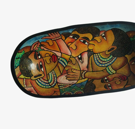 Vintage 80s African Wooden Decorative Bowl Plate With Big Abstract Faces Close Up - Casspios Dream