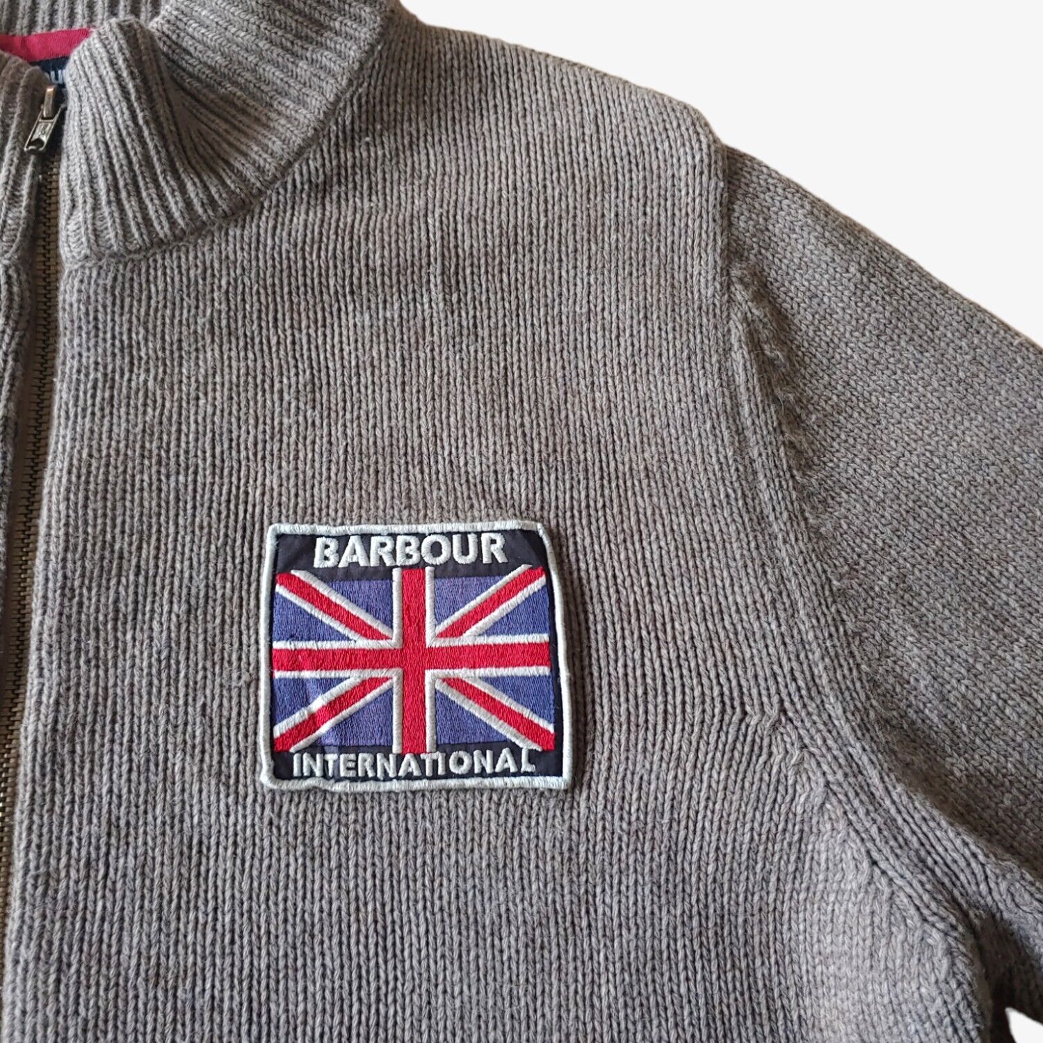 Vintage Y2K Barbour International Great Britain Knitted Brown Steve McQueen Jacket With Leather Shoulder Pads Crest Logo - Casspios Dream