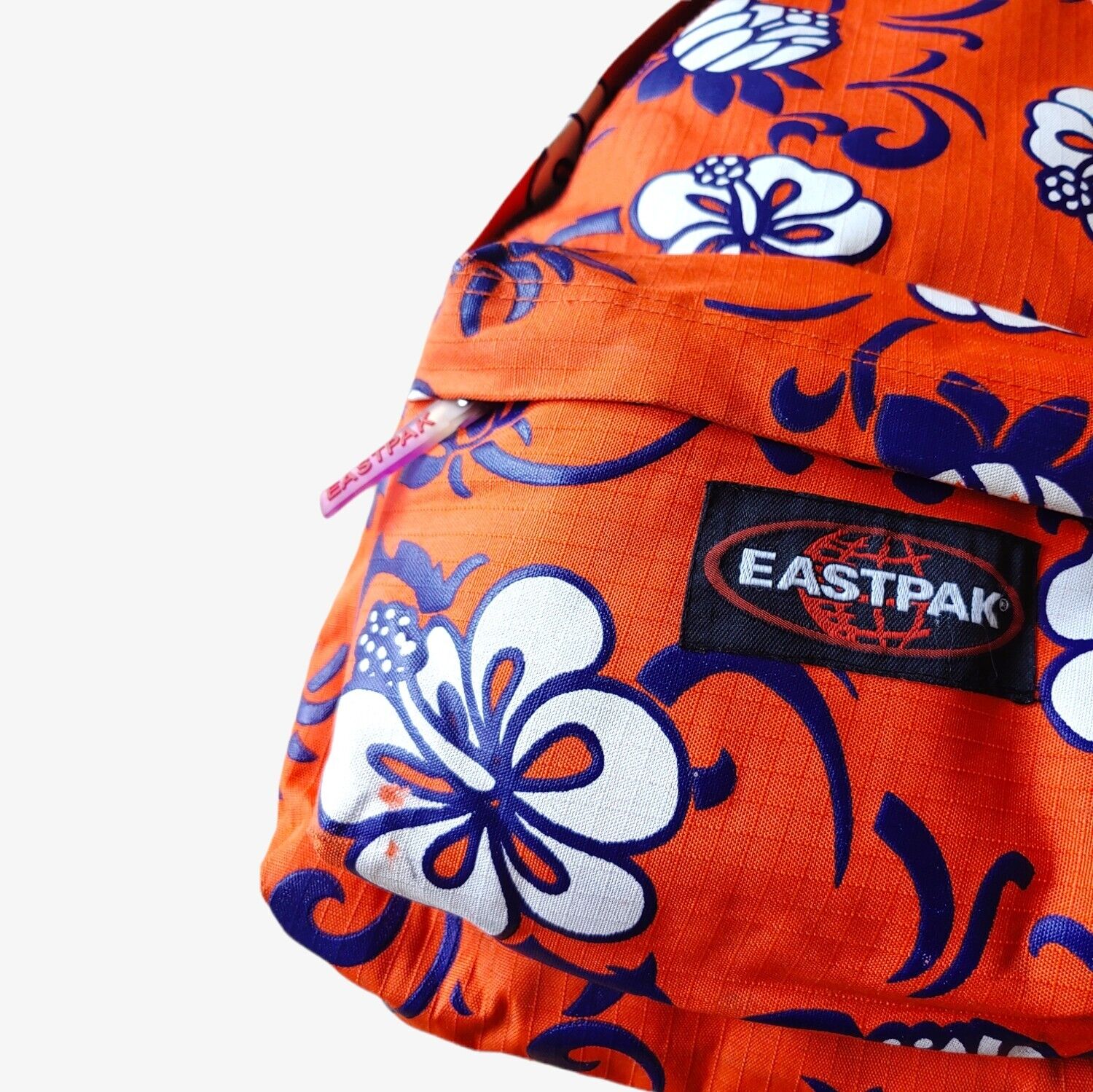 Vintage Y2K Eastpak Orange Hawaiian Floral Backpack With Mobile Case Holder Bag Label - Casspios Dream