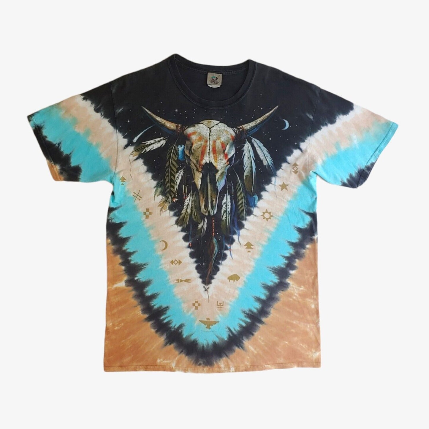Vintage Y2K Liquid Blue 2003 Mystic Western Skull Chief Double Sided Tie Dye Top T-Shirt - Casspios Dream