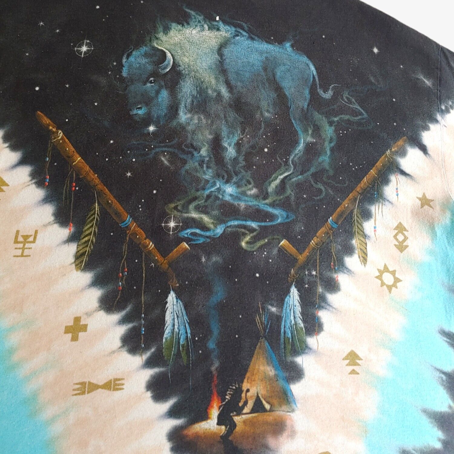 Vintage Y2K Liquid Blue 2003 Mystic Western Skull Chief Double Sided Tie Dye Top T-Shirt Bull - Casspios Dream